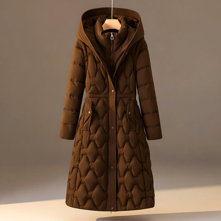 Brown honeycomb quilted hooded coat shown from the front on a hanger