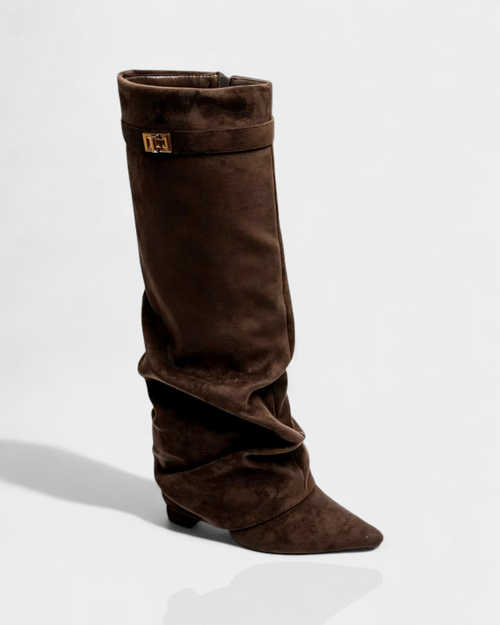 Brown suede foldover knee boot at a front three quarter angle