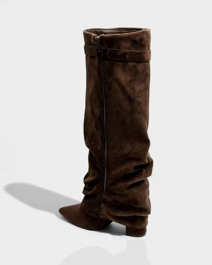 Brown suede foldover knee boot seen from the outer side