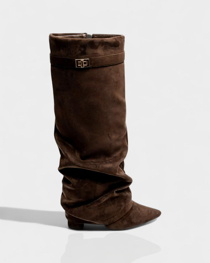 Single brown suede foldover knee boot seen from the side