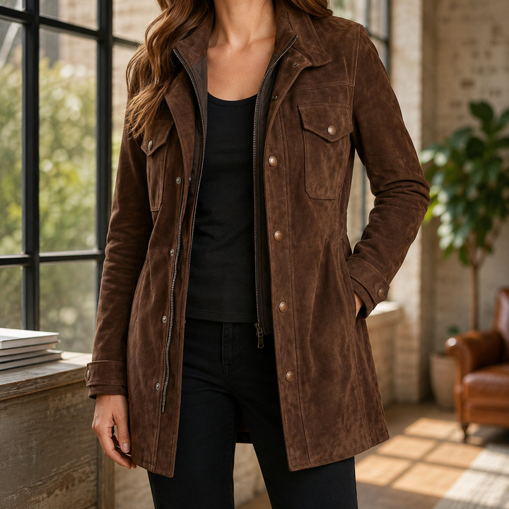 Brown suede utility jacket worn open over a black top, front view
