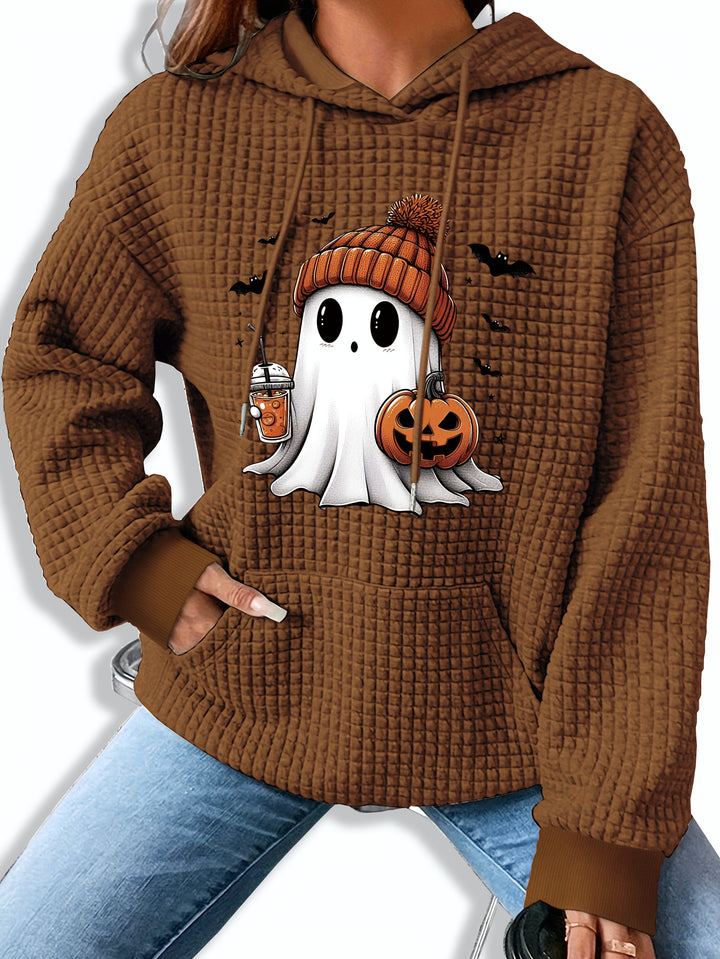 Brown waffle knit hoodie with a ghost and pumpkin print and front pouch pocket