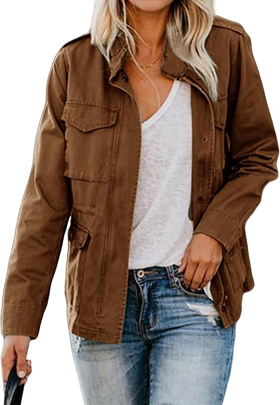 Brown zip front tailored jacket worn open over a white tee