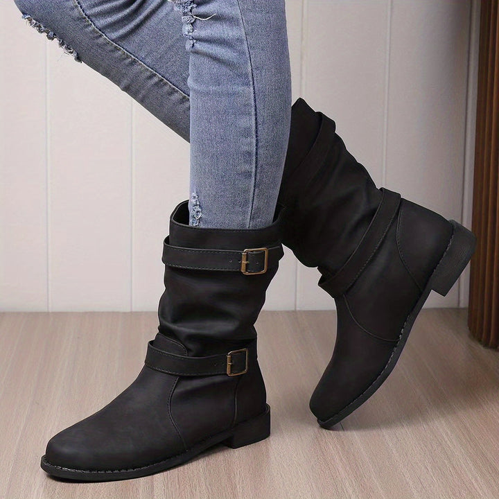 Buckle Strap Slouch Boots in Black | Valenira