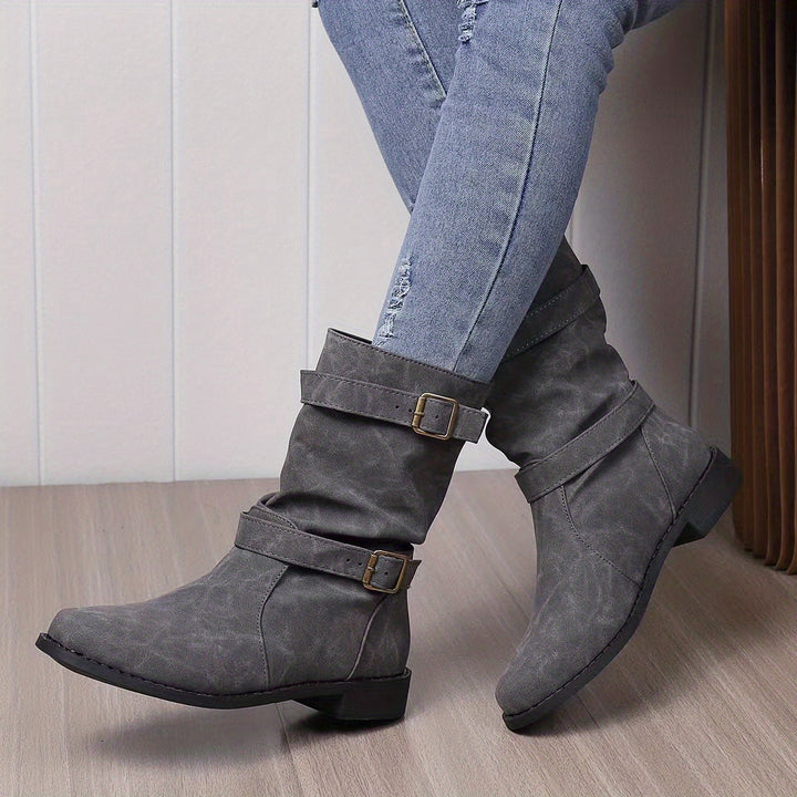 Buckle Strap Slouch Boots in Gray | Valenira