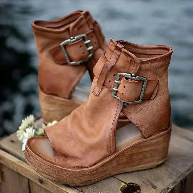 Brown Buckle Wedge Sandals with buckle, cushioned | Valenira