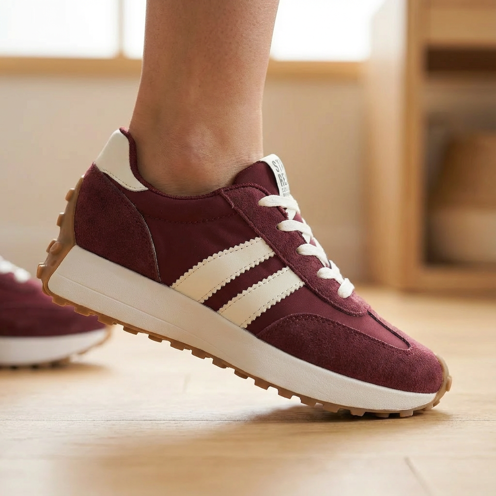 Burgundy suede sneaker with cream side stripes and a gum sole, worn indoors