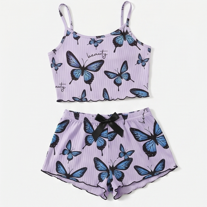 Butterfly Print Ribbed Cami Set