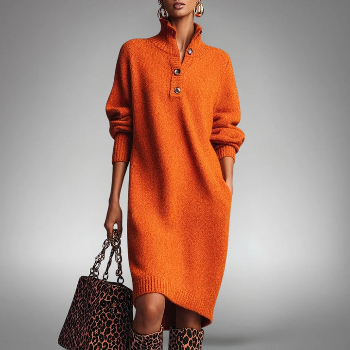 Button Collar Midi Dress in Orange | Valenira