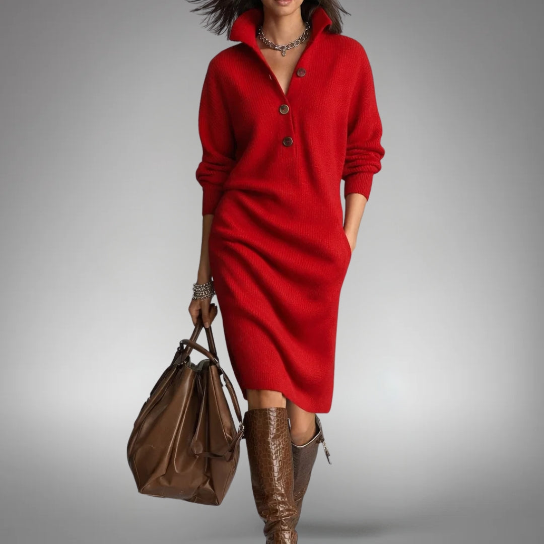 Button Collar Midi Dress in Red | Valenira