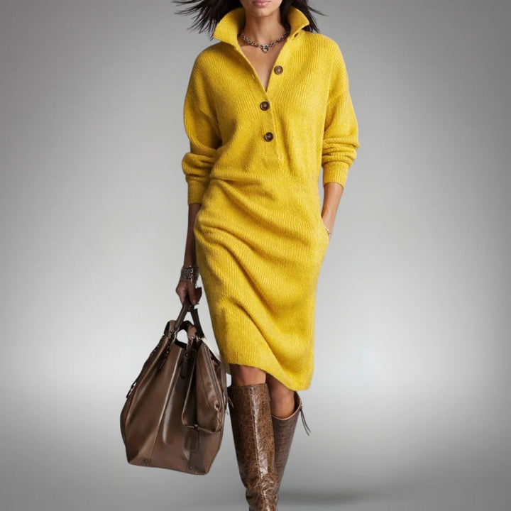 Button Collar Midi Dress in Yellow | Valenira