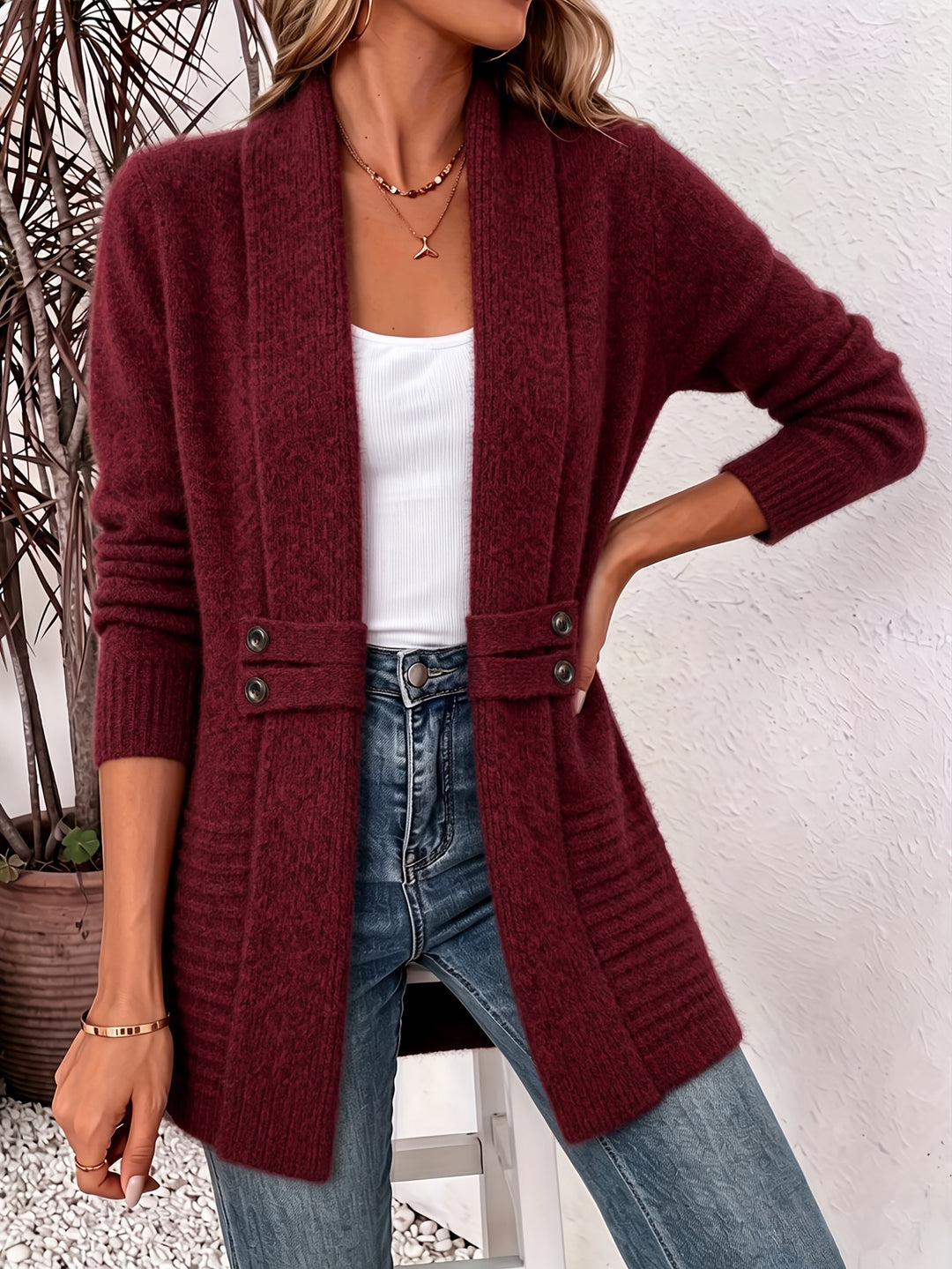 Button Tab Knit Cardigan in Burgundy | Valenira
