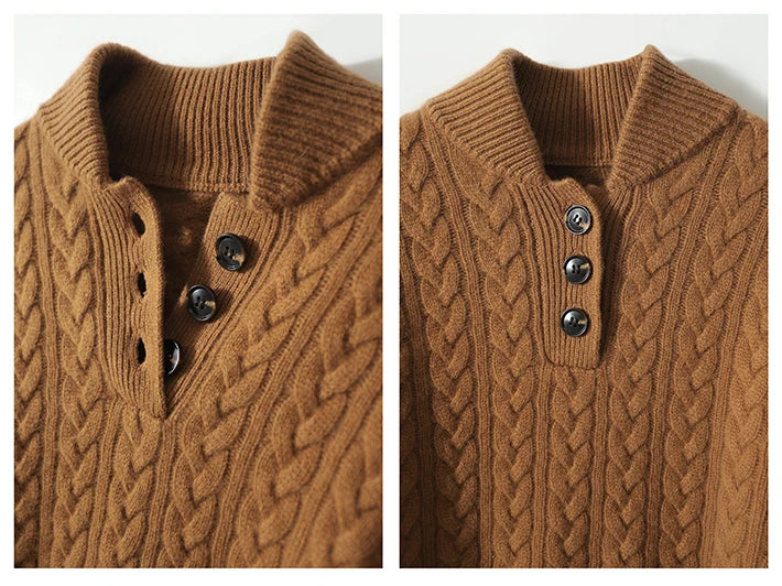 Caramel cable knit sweater with a stand collar, two close views of the button placket