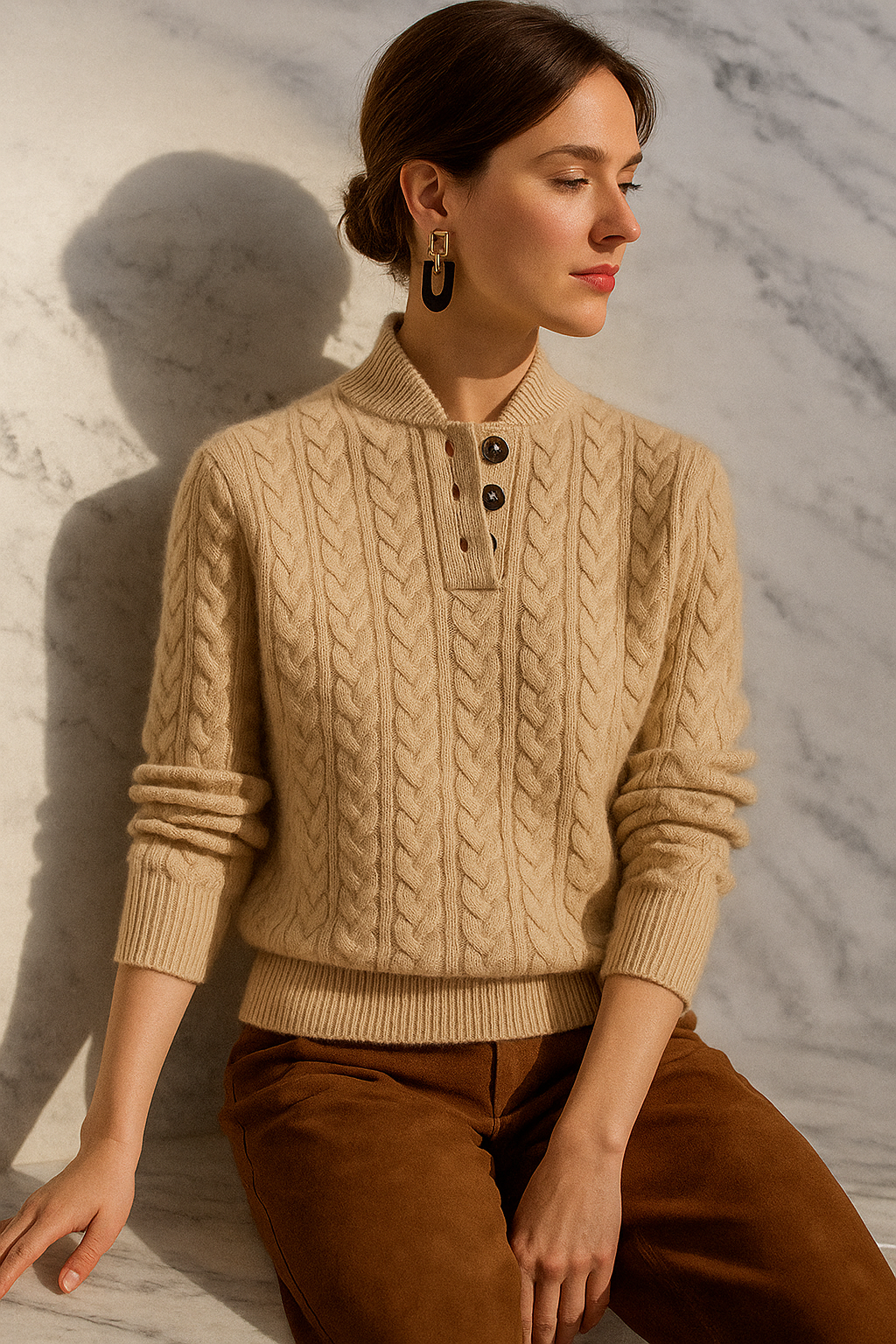 Caramel cable knit sweater with a stand collar, worn seated with the collar open
