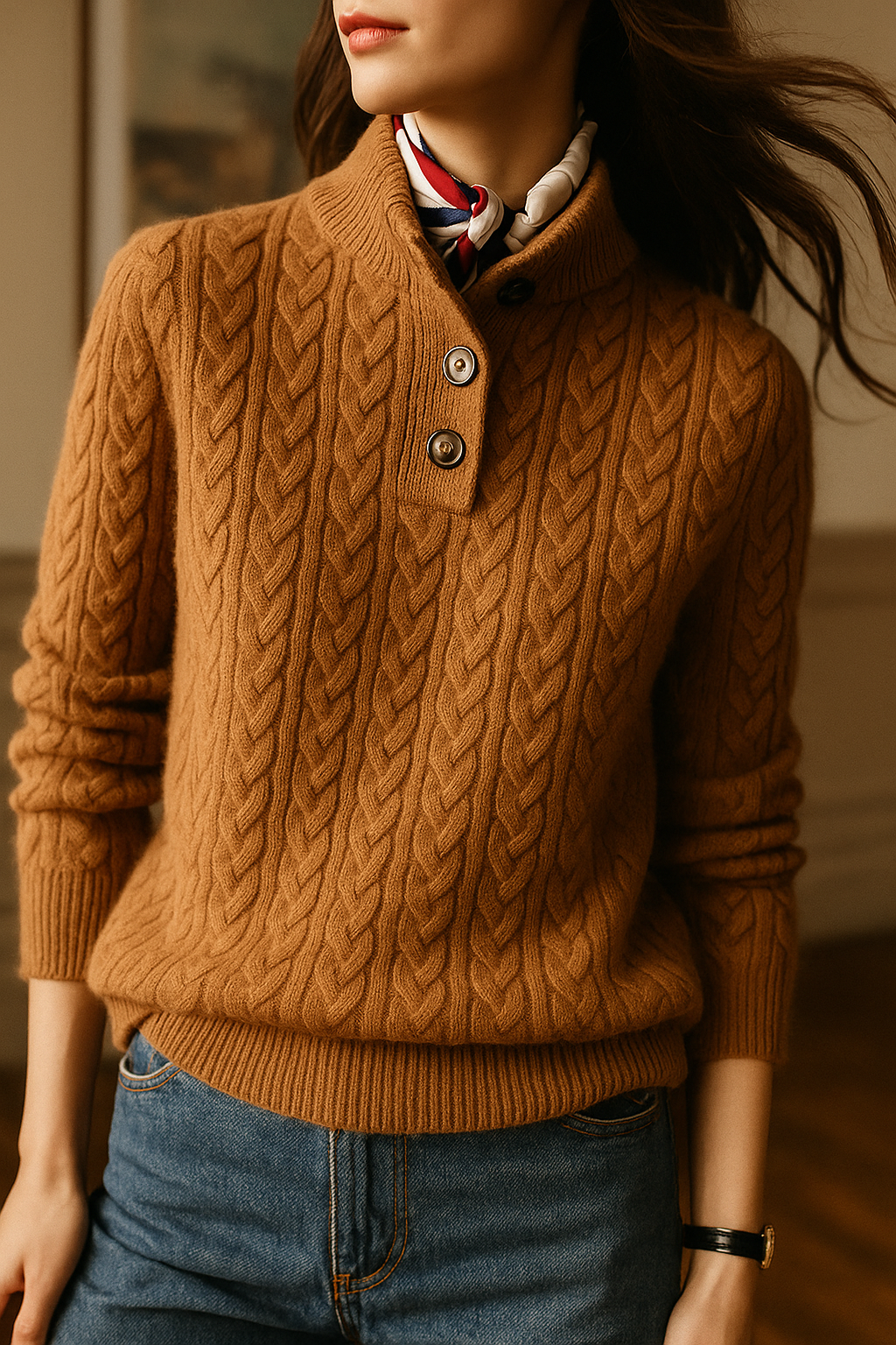 Caramel cable knit sweater with a stand collar, worn with a scarf at the neck