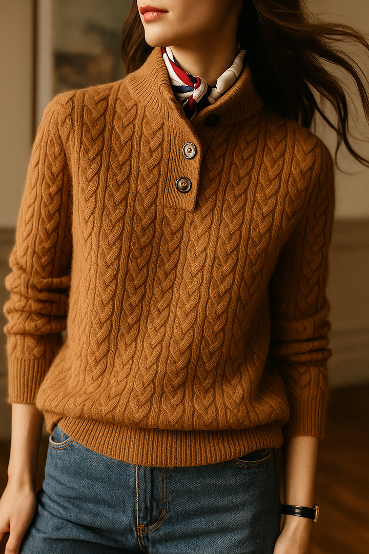 Caramel cable knit sweater with a stand collar, worn with a scarf at the neck