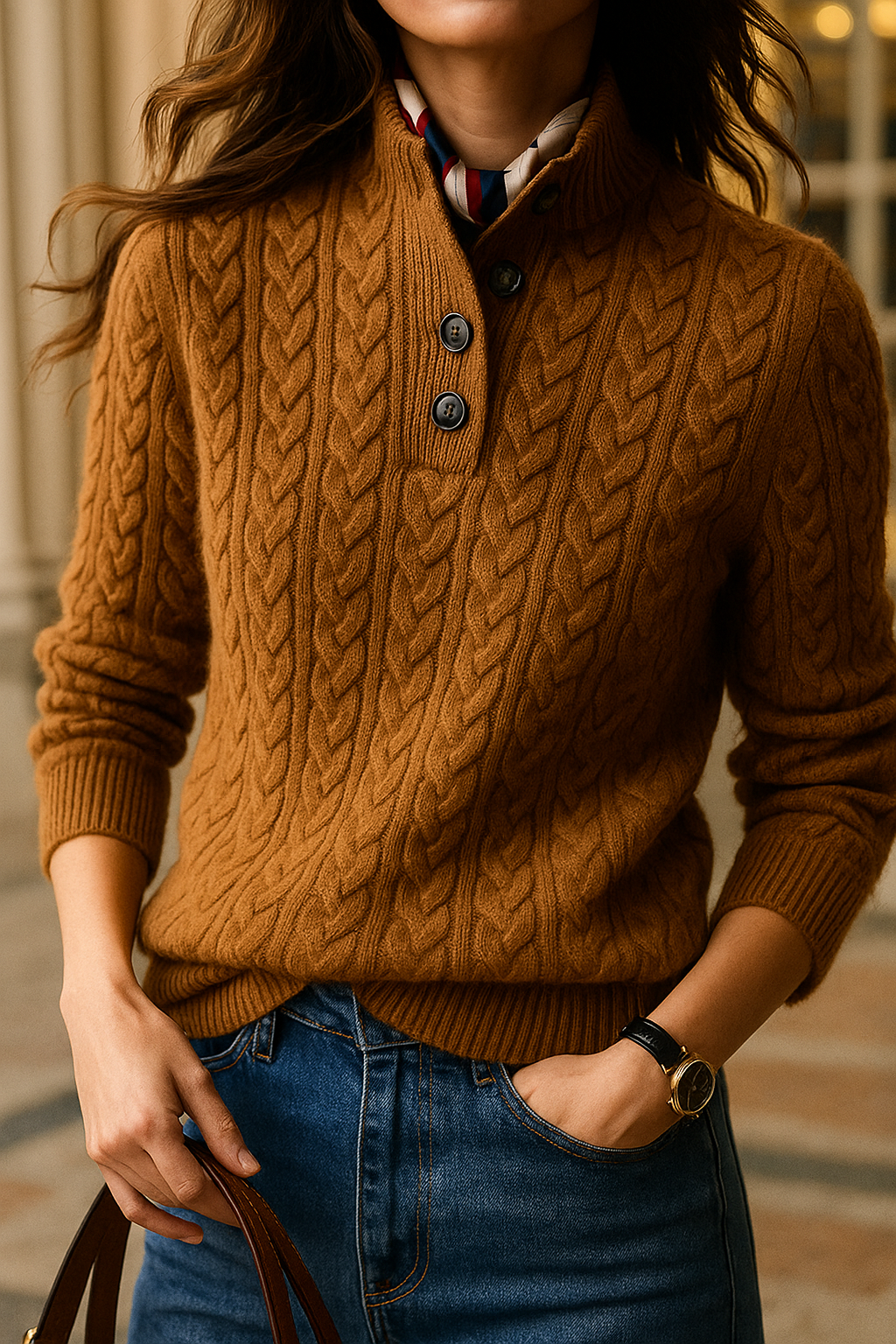 Caramel cable knit sweater with a stand collar, worn with jeans, hand in pocket