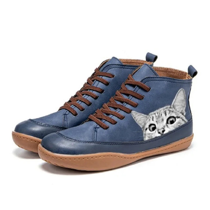 Cat Print Ankle Boots in Blue | Valenira
