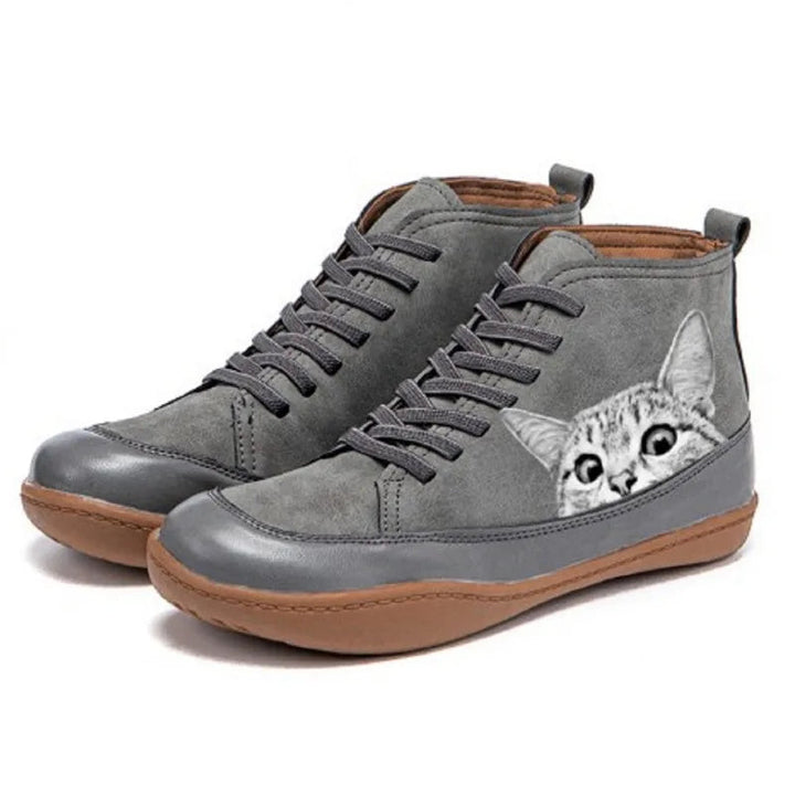 Cat Print Ankle Boots in Gray | Valenira