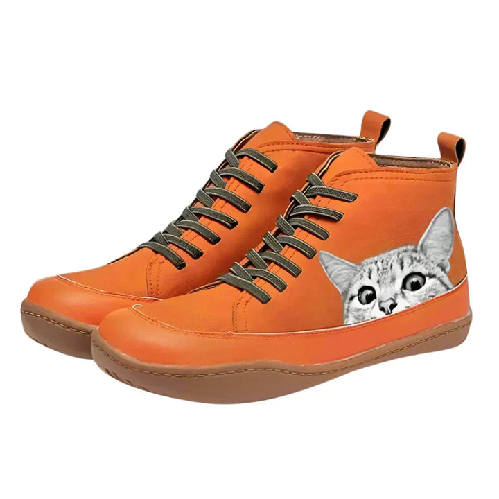 Cat Print Ankle Boots in Orange | Valenira