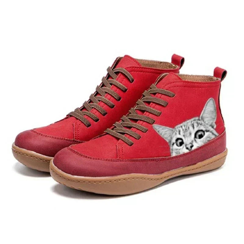 Cat Print Ankle Boots in Red | Valenira