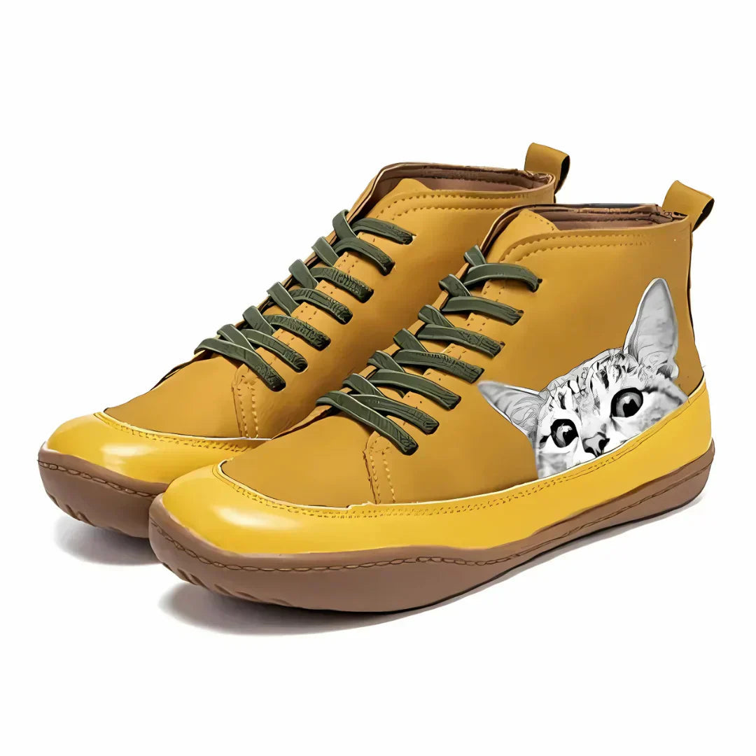 Cat Print Ankle Boots in Yellow | Valenira