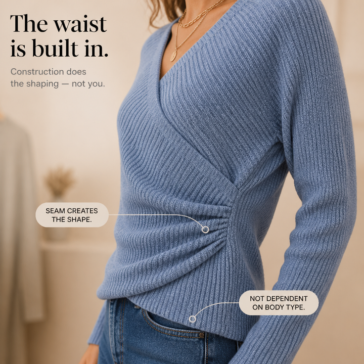 Side view of the blue wrap knit top showing the gathered seam that shapes the waist