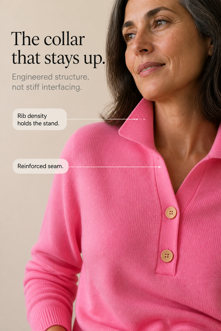Close up of a pink polo collar sweater showing the stand collar and two button placket