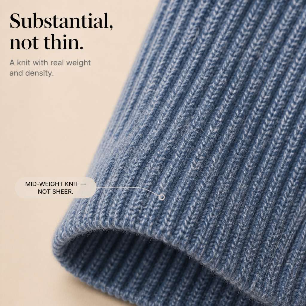 Close-up of the blue ribbed knit fabric showing its mid weight density
