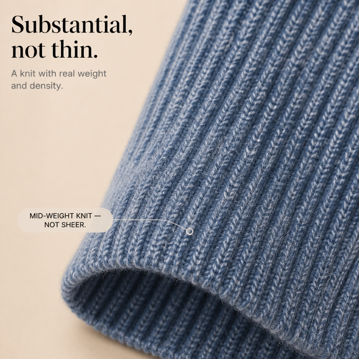Close-up of the blue ribbed knit fabric showing its mid weight density