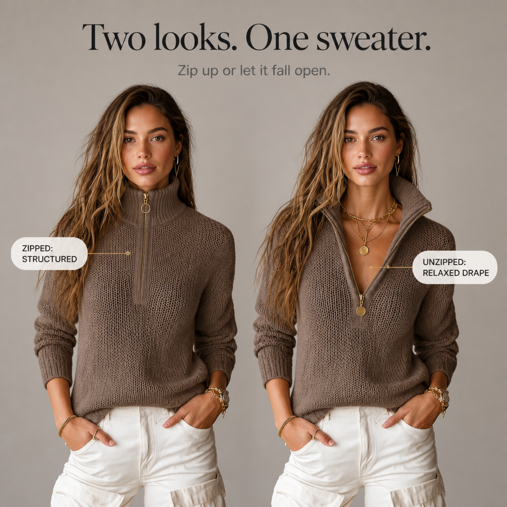Brown half zip funnel collar sweater shown zipped up and worn open side by side