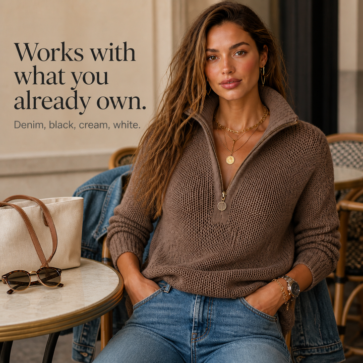 Taupe half zip funnel collar sweater styled with jeans and a denim jacket at a cafe table