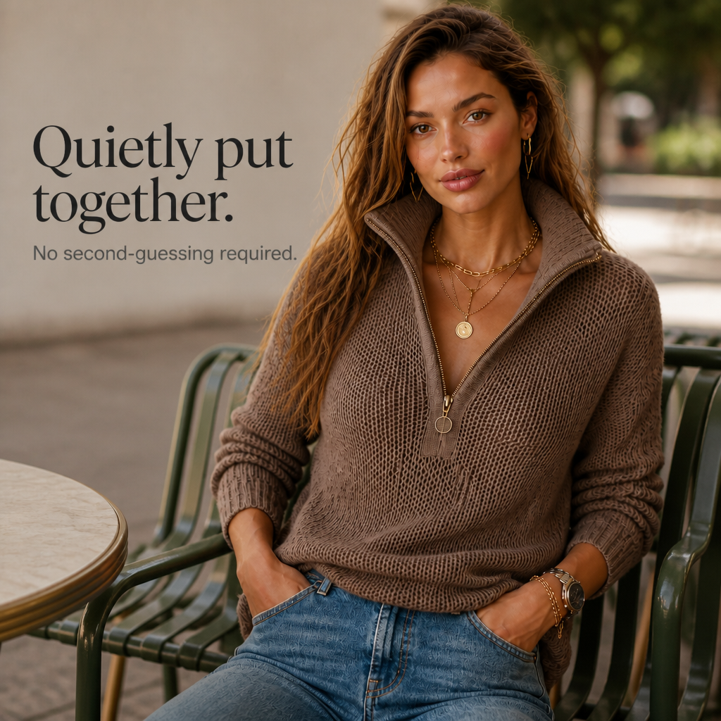 Woman seated outdoors in a brown open knit half zip sweater with a funnel collar and jeans