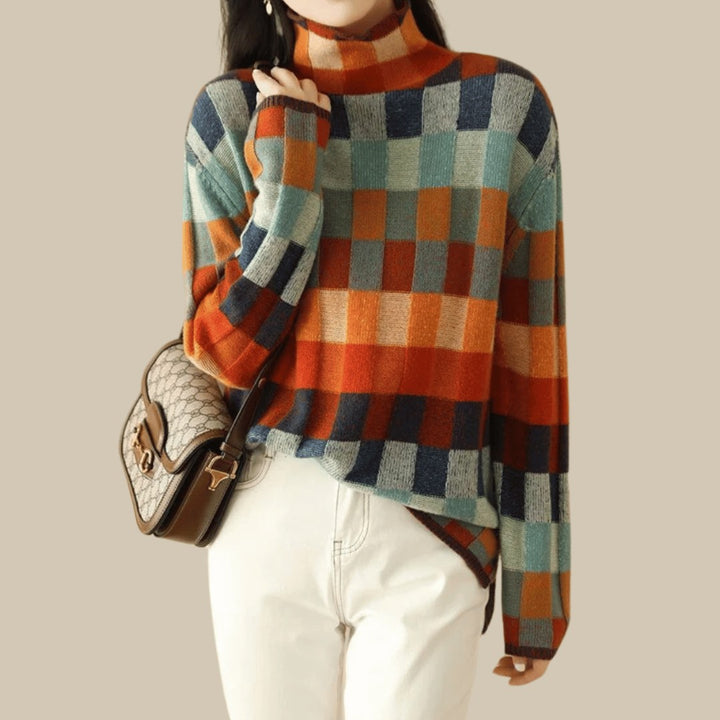 Checkerboard Knit Turtleneck in Multicolor | Valenira