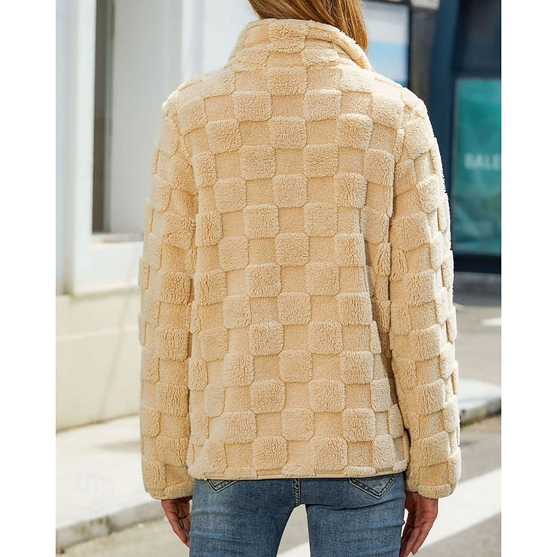 Back view of the apricot checkerboard texture zip jacket