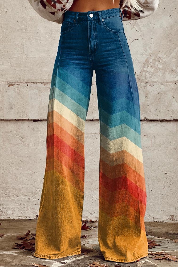 Wide leg pants with a chevron gradient from blue to gold, front view