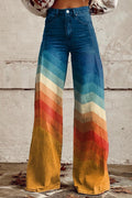 Wide leg pants with a chevron gradient from blue to gold, front view