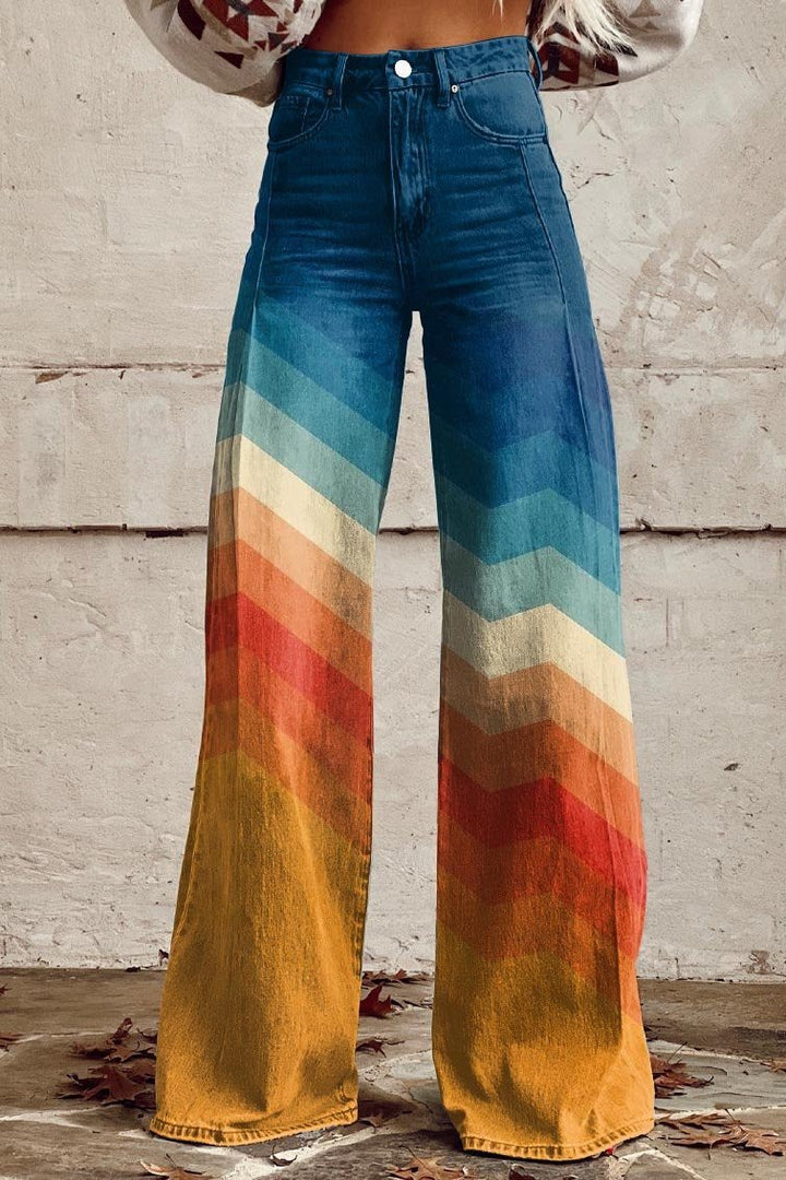 Wide leg pants with a chevron gradient from blue to gold, front view