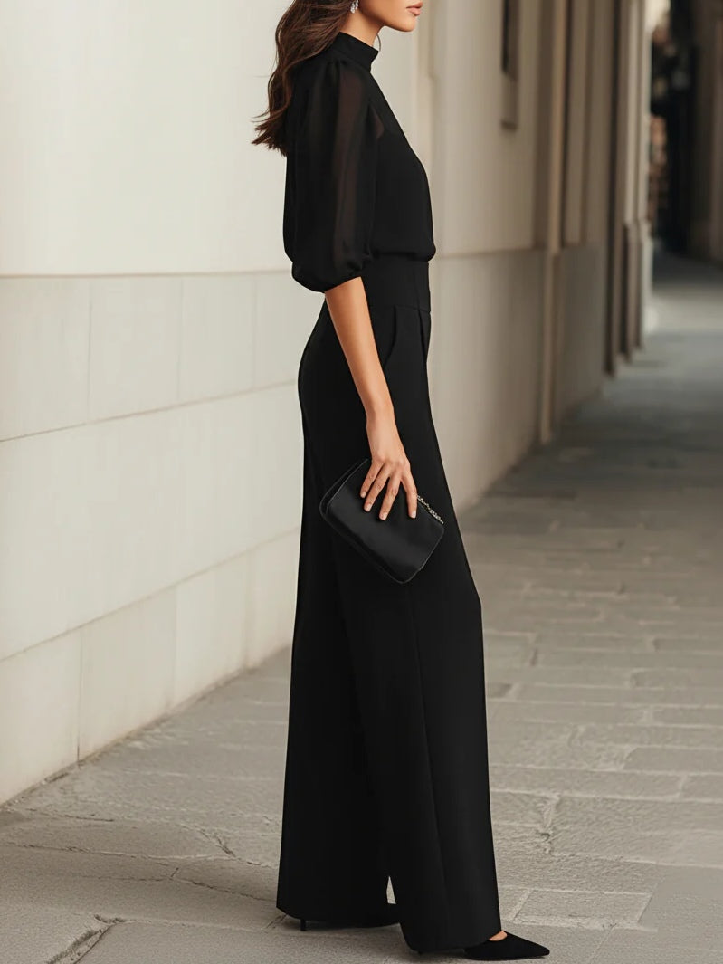 Black chiffon blouse and wide-leg pants set, side view