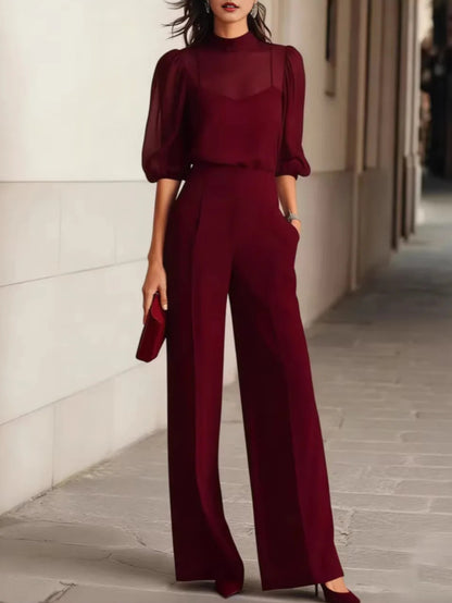 Burgundy chiffon blouse, camisole and wide-leg pants set, front view