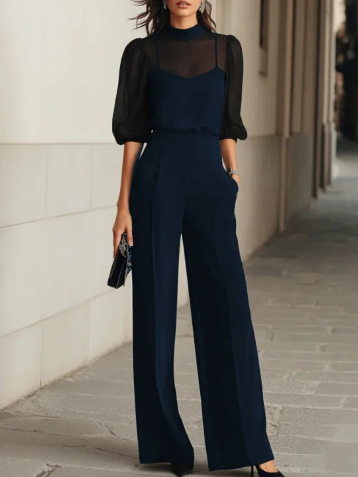 Navy wide-leg pants and camisole under a sheer chiffon blouse