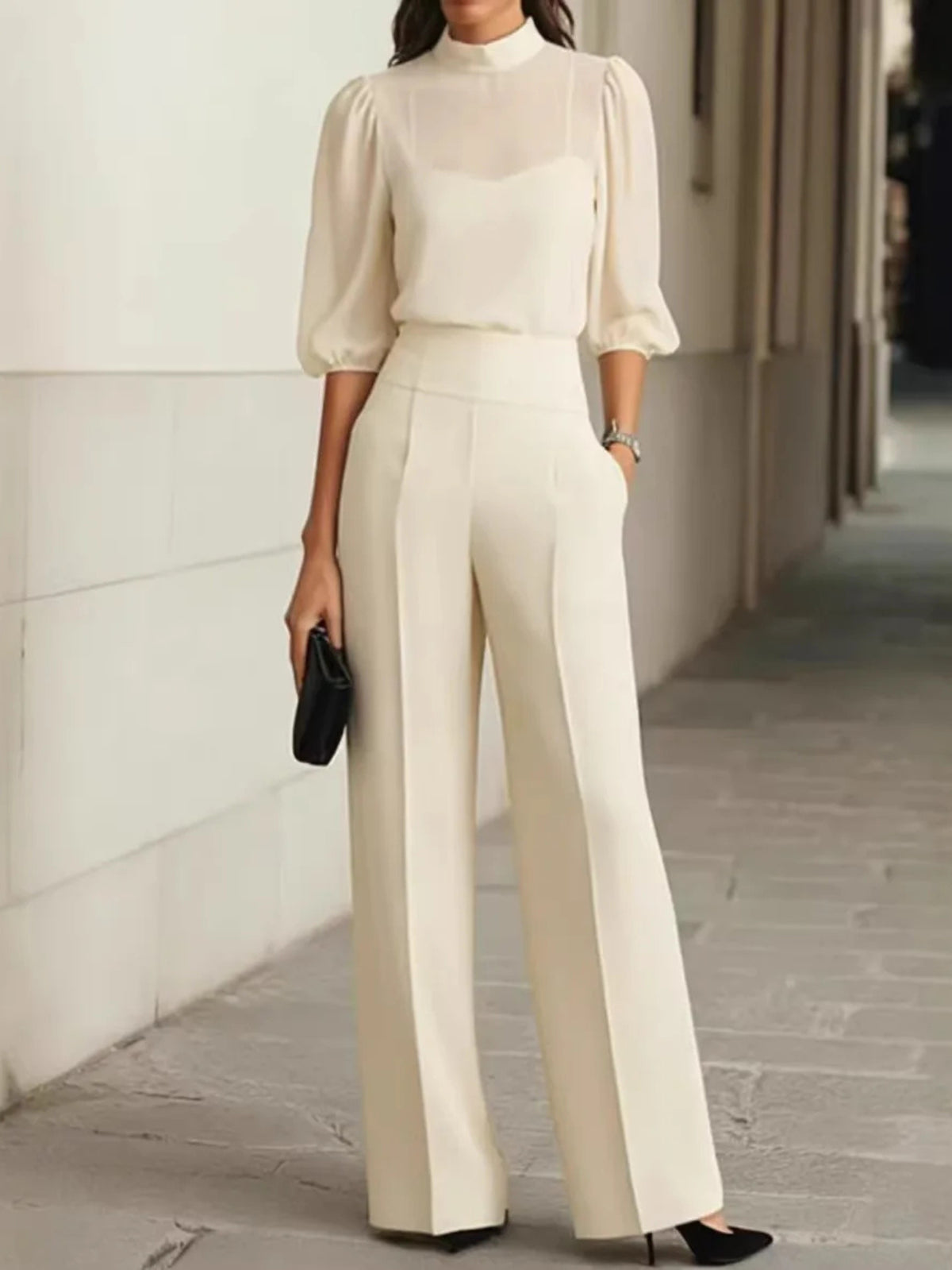 Off-white chiffon blouse, camisole and wide-leg pants set, front view