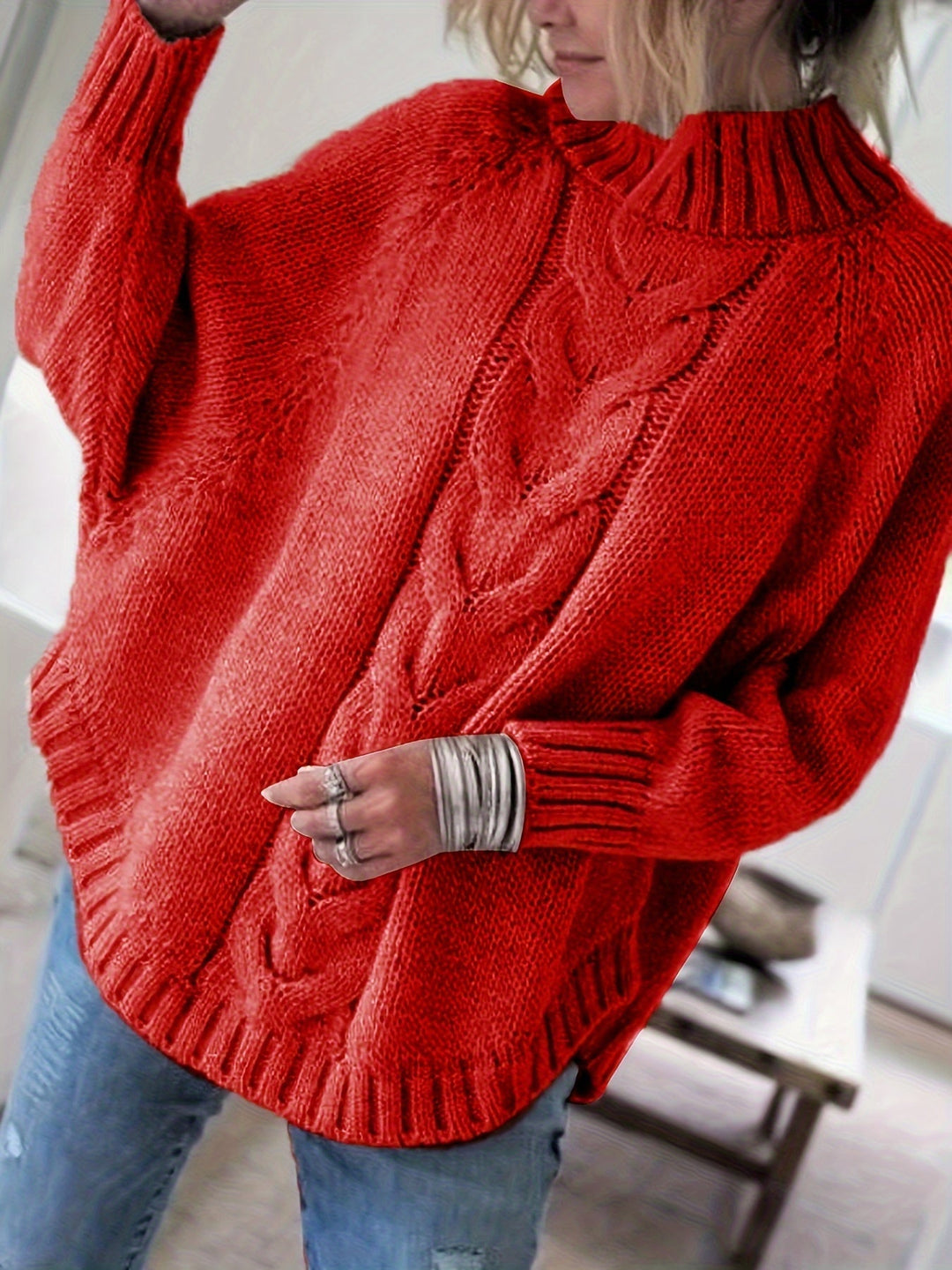 Chunky Cable Mock Neck Sweater in Red | Valenira