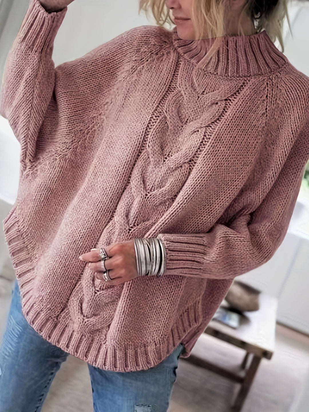 Chunky Cable Mock Neck Sweater | Valenira