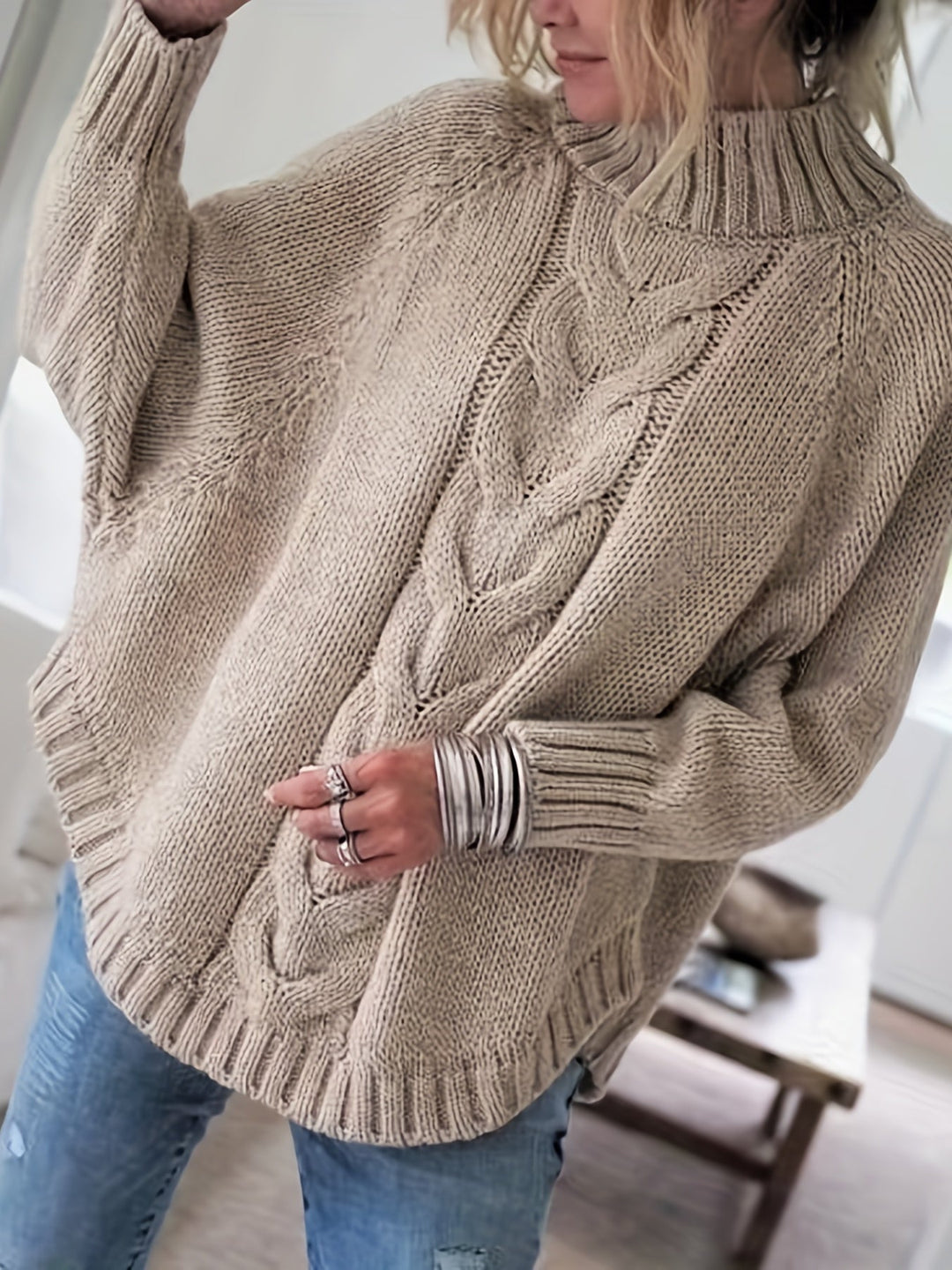 Chunky Cable Mock Neck Sweater | Valenira