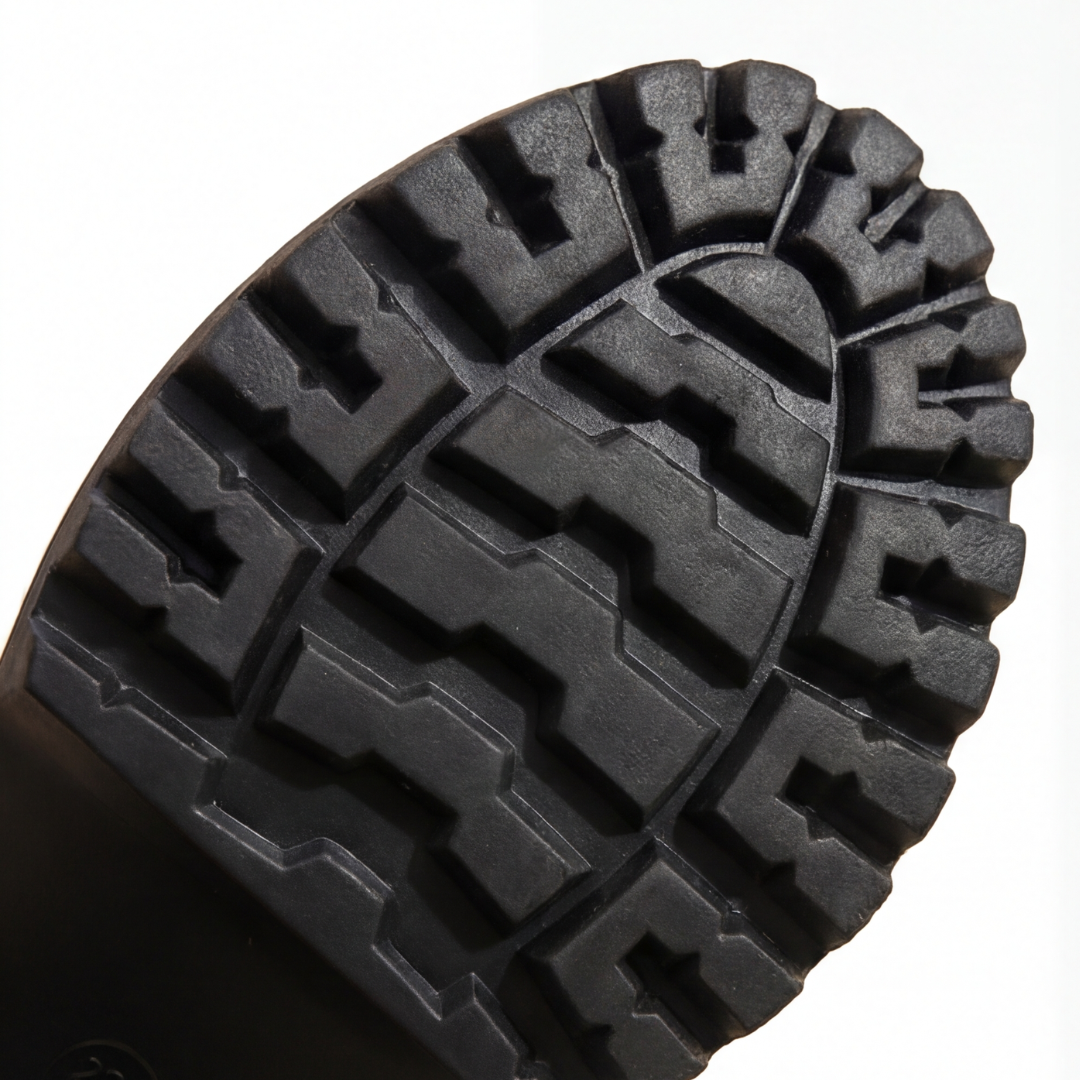 Close-up of the black lug outsole tread on a chunky platform boot against a white background