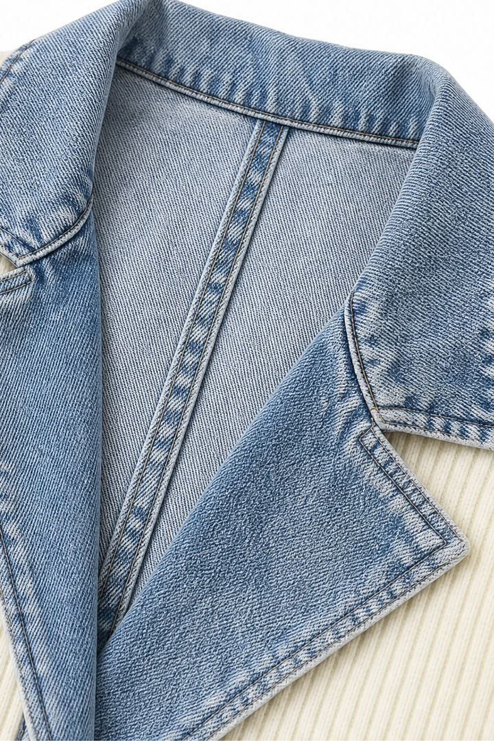 Close up of the denim collar stitched to a cream ribbed knit