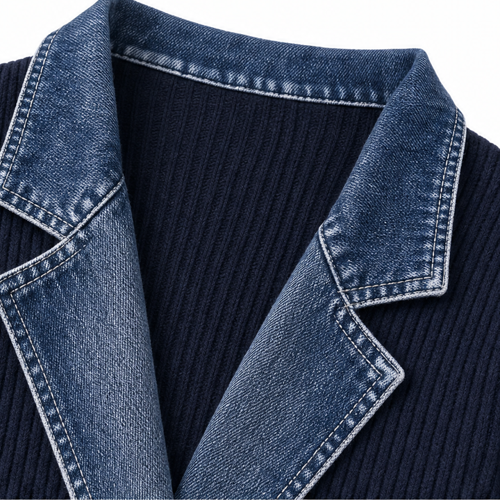 Denim Lapel Ribbed Knit Longline Jacket