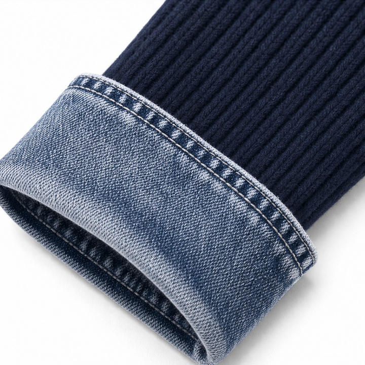 Denim Lapel Ribbed Knit Longline Jacket