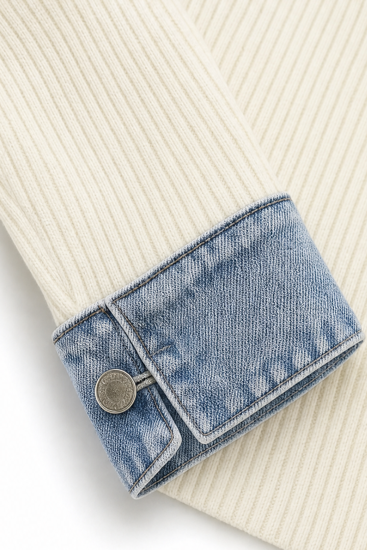 Denim cuff and metal button on a cream ribbed knit coat sleeve